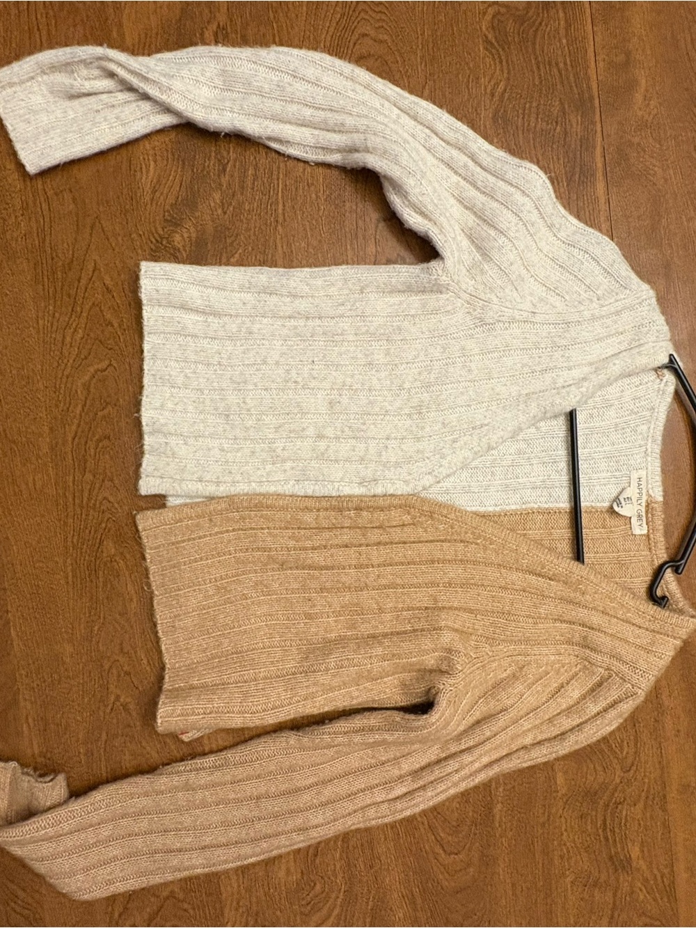 Two-Tone Ribbed Knit Cardigan - Cream & Tan